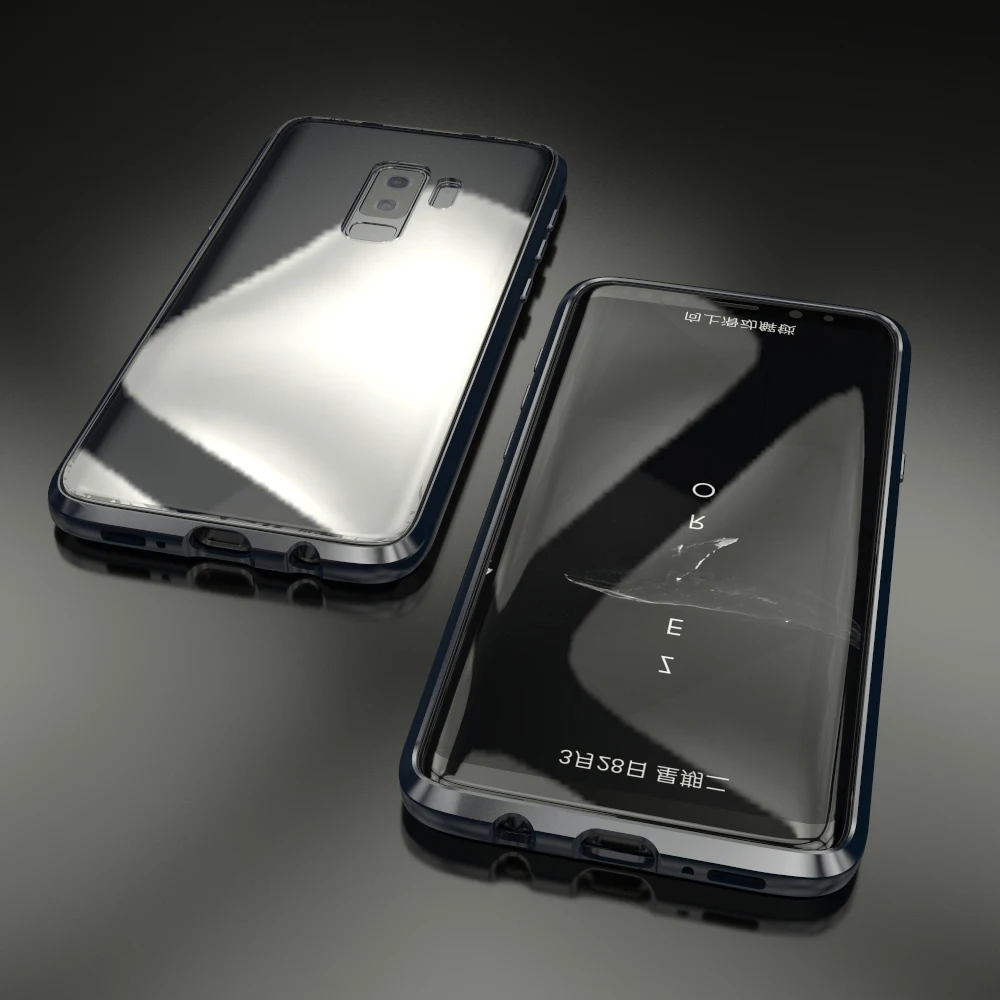 Магнитная адсорбции флип чехол для samsung Galaxy S9/S9 плюс закаленное Стекло задняя крышка Роскошные Металлические бамперы футляр - Цвет: Clear Black