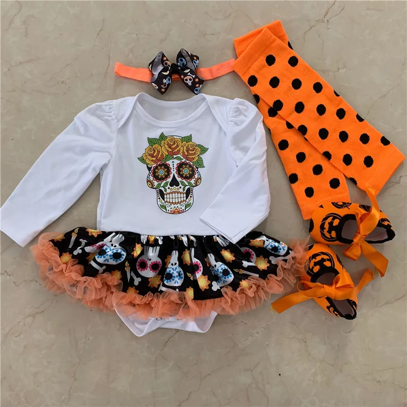 Fashion Baby Girls Halloween Pumpkin Outfits Baby Infant Clothing Gold Lace Tutu Pumpkin Dress Headbands 4PCS Bebes Costume - Цвет: Зеленый