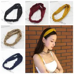 Для женщин Винтаж крест узел Упругие Hairbands Для женщин весенние замшевые мягкие однотонные повязки на голову банданы для девочек резинки