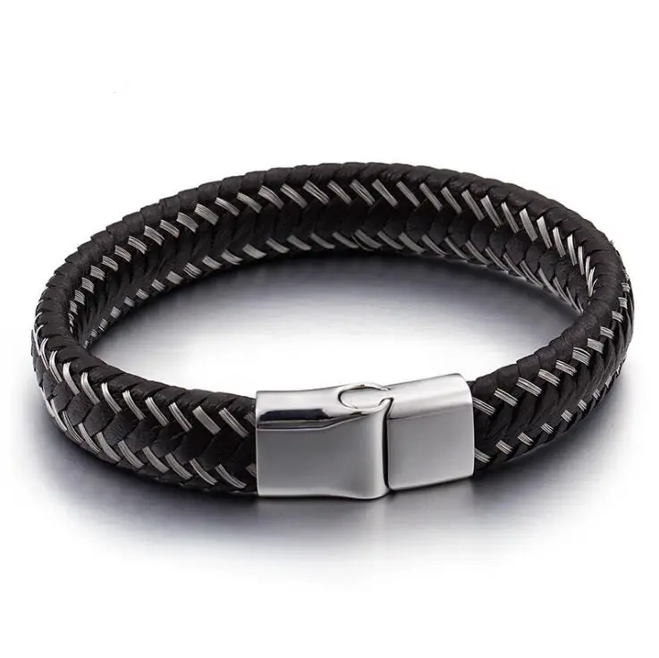 13mm Wide Mens Weave Chain Wristband Leather Bracelet For Men Classic ...