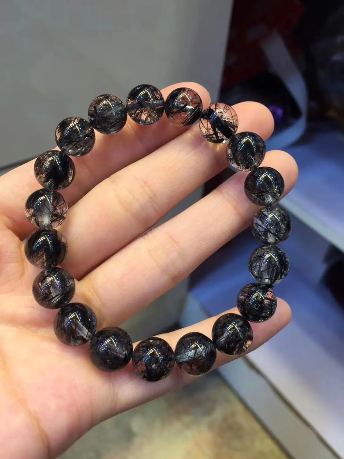 

Top Quality Natural Brazil Black Tourmaline Rutilated Quartz Crystal Woman Man 10mm Round Beads Bangle Wealthy Bracelet AAAAA