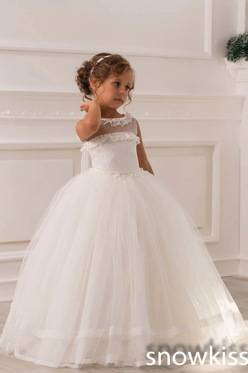 Sheer Lace Crystals French Alencon Lace Ball Gown long pretty Flower Girl Dress For Wedding Party the holy first communion gown Sheer Lace Crystals French Alencon Lace Ball Gown long pretty Flower Girl Dress For Wedding Party the holy first communion gown