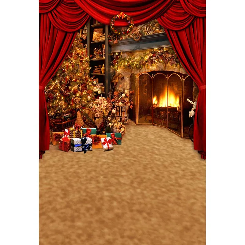 

Vinyl Backdrops Christmas Tree Gifts Red Curtains Fireplace Photography Background Newborn Christmas Photo Backgrounds