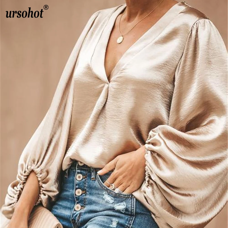 Женская винтажная блестящая шифоновая рубашка Ursohot Повседневная Блузка с
