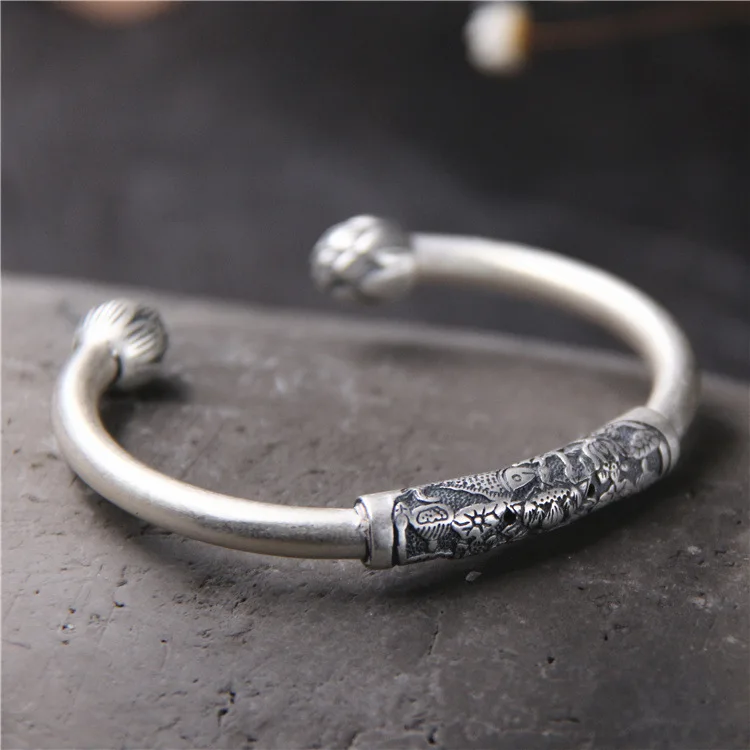 

S990 Sterling Silver Lotus Flower Bangle Male And Female Retro Thai Silver Vintage Ethnic Style Carved Open Ended Bangle