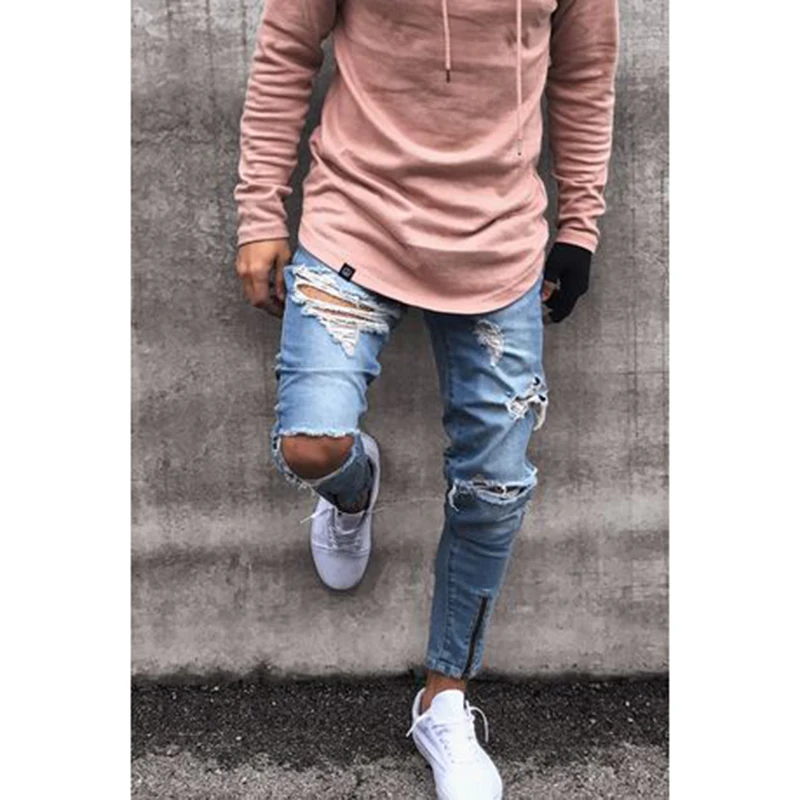 

Fashion Mens Jeans Stretch Destroyed Ripped Design Ankle Zipper Skinny Hole Pants Men Pantalon Homme Jeans Plus Size