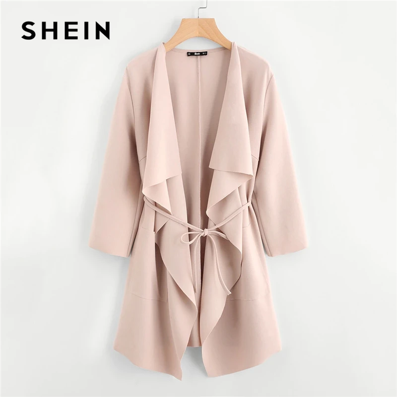 Very best  SHEIN Waterfall Collar Double Pocket Front Wrap Autumn Coat With Belt Women Solid Long Sleeve Sprin