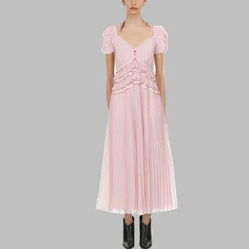 

HAMALIEL Self-Portrait Pink Chiffon Summer Dress Women Runway Puff Sleeve Ruffles Pleated Party Dress Sexy V Neck Long Dresses