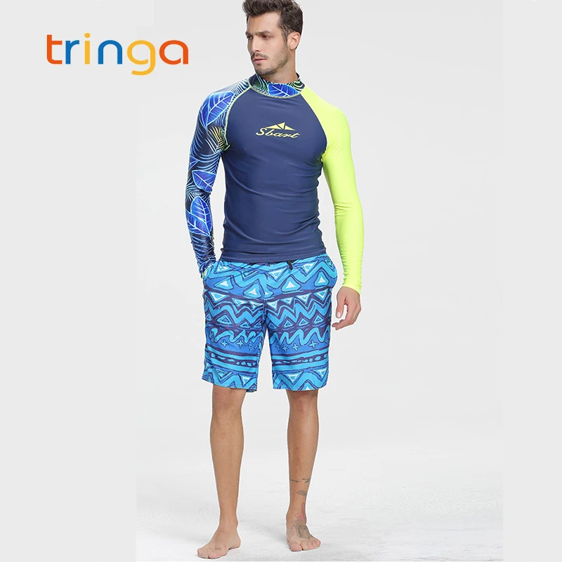 Traje baño para hombre, camisa para surf, surf, buceo, ropa de protección UV, traje de baño de manga larga + Pantalones cortos hombre| Camisetas de surf playa| - AliExpress