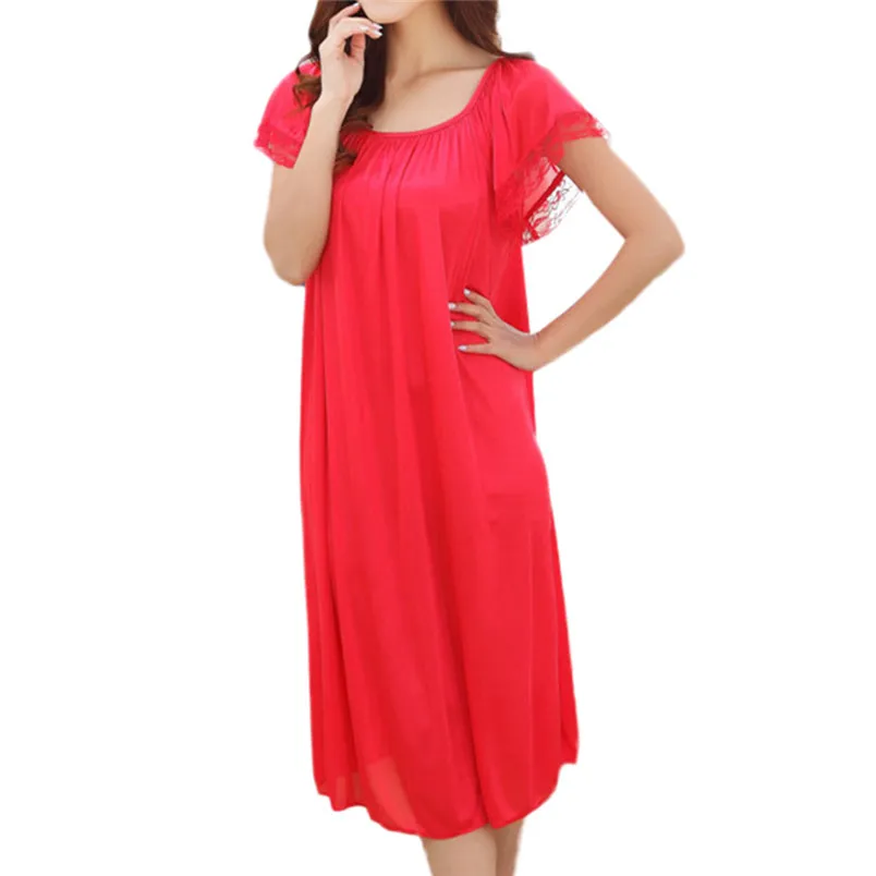 Women Summer Home Lace Ice Silk Short Sleeve Loose Nightgown Dress O Neck Lingerie Pajamas Dress One Size 40FE01 (29)