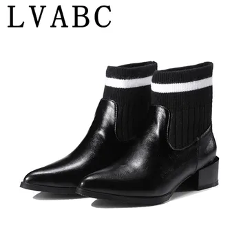 

LVABC 2018 Winter Boots Women Ankle Boots High Quality Pointed toe Ladies Boots Leather Fashion Boots Size 33-47