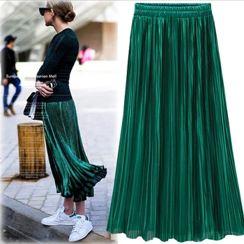 

Silver Gold Pleated Skirt Womens Vintage High Waist Skirt 2018 Summer Long Skirts New Fashion Metallic Skirt Female