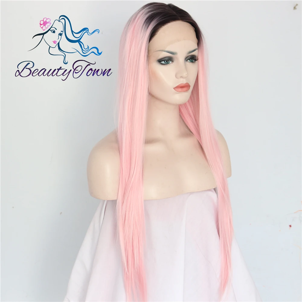 BeautyTown черный ombre розовый цвет Glueless термостойкие волосы ручной вязки парик для косплея синтетические кружевные Передние Вечерние парики подарок