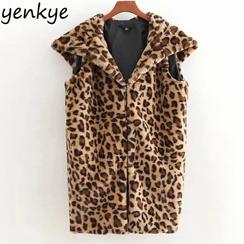 Women Faux Fur Animal Print Vest European Style Lady Sleeveless Hooded ...