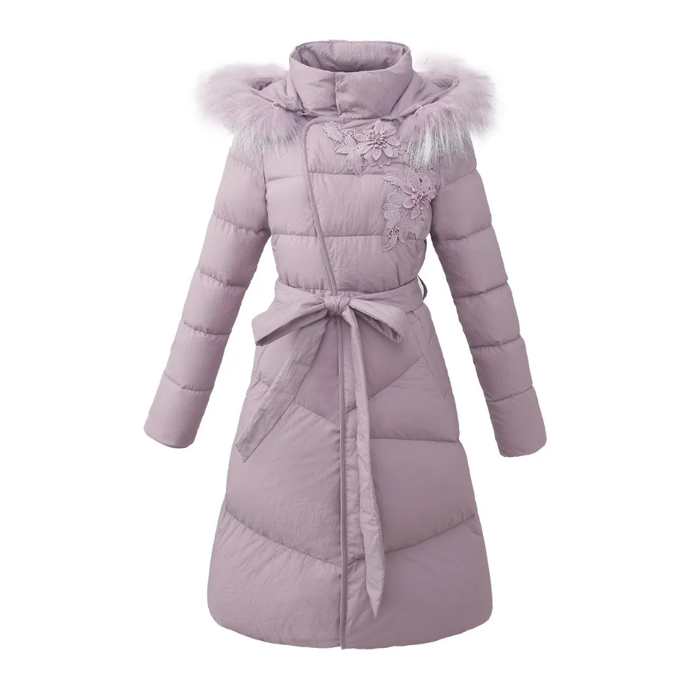 S-3XL Winter Remove Hat Coat Woman Solid Long Feather Down Padded Girls Ladies Floral Lace Embroidery Overcoats