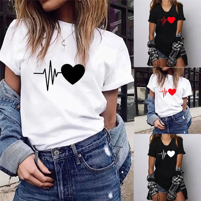 

Fashion Women's ECG Short Sleeve T-Shirt Casual Joker Top Loose Short-Sleeved Heart Print T-Shirt Casual O-Neck Top Women Tops
