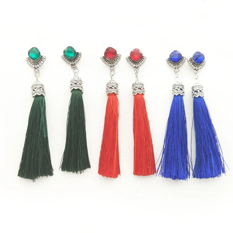 Ethnic Bohemian Crystal Vintage Silver Yarn Long Tassel Earrings for