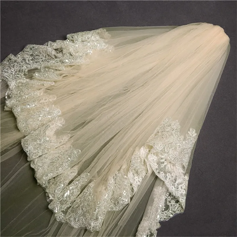 

Cinderella Champagne Attractive 3.8*3 meters Sequins Lace Appliqued Edge Soft Tulle Wedding Veil Bridal Chapel Veil