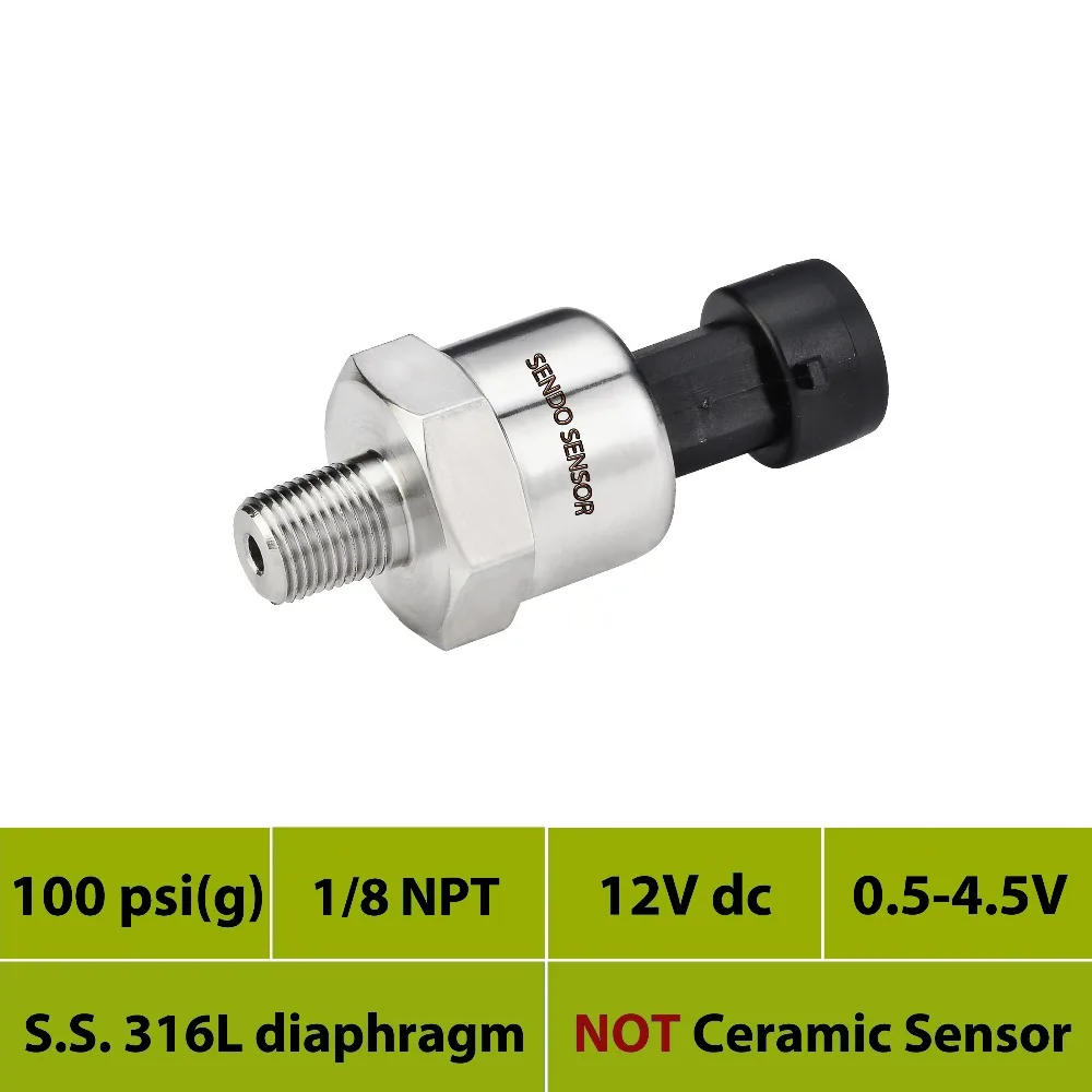 

0 100psi, 7bar pression sensor, 0.5-4.5V output, 700 kpa gauge, stainless steel 316L diaphragm,thread 1 8 NPT, 12V, 24VDC supply