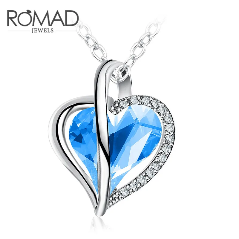 

ROMAD Austria Crystal & Rhinestone Long Charm Pendant Necklace Statement for Women Romantic Blue Love Heart Style Charms Jewelry
