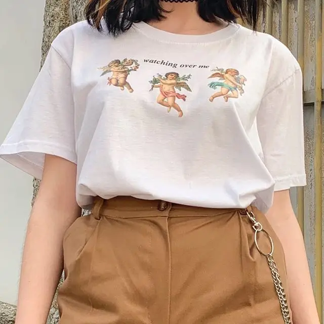 

PUDO HJN Women Retro Style Aesthetic Cute White Tee Angels Watching Over Me Cherubs Print T-Shirt Hipsters Fashion Top