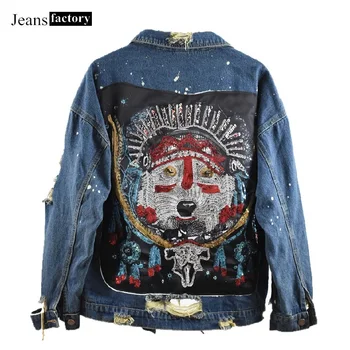 

Hooded Jeans Jacket Women Denim jacket Spring Blue Hole Wolf Head Sequin Jackets female Harajuku jean coat Streetwear Feminino