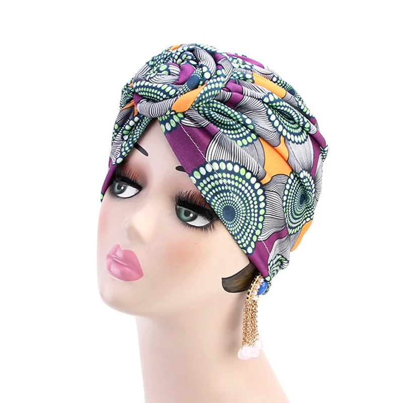 Винтажный двойной цветок шапочка-тюрбан стиль шляпа женские повязки Африканский узор узел головной убор