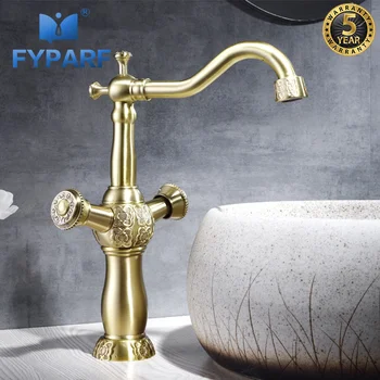 

FYPARF Gold Bathroom Faucet Deck Mounted Hot and Cold Faucet for The Sink Solid Brass Water Mixer Bathroom Sink Basin Tap China