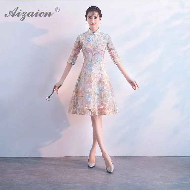 Модные элегантные вышитые Cheongsam китайские кружевные короткие платья Qi Pao Женская Китайская традиционная одежда современное Повседневное