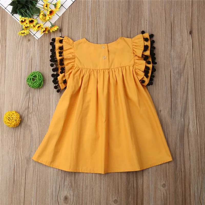 Красивое Летнее платье для девочек; желтое платье-рубашка с короткими рукавами и лепестками; вечерние костюмы принцессы для детей 1-6 лет