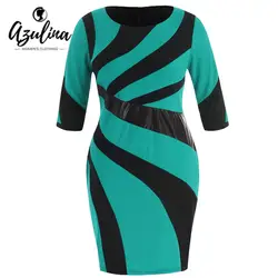 AZULINA плюс Размеры полосатый Detail Bodycon Dress Для женщин вечерние туфли из органической кожи оболочка 3/4 рукава Лоскутная по колено платья Vestidos