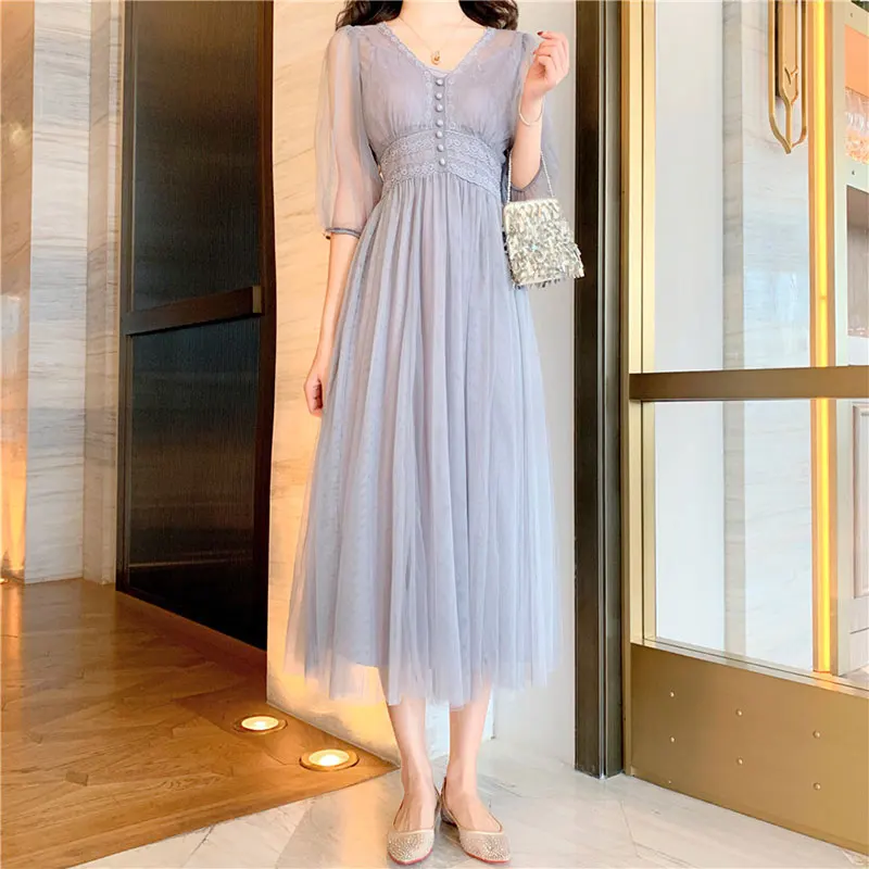 

Korea retro summer new women's clothes V neck lace five point sleeves waist mesh dress solid color strap midi dress two piece