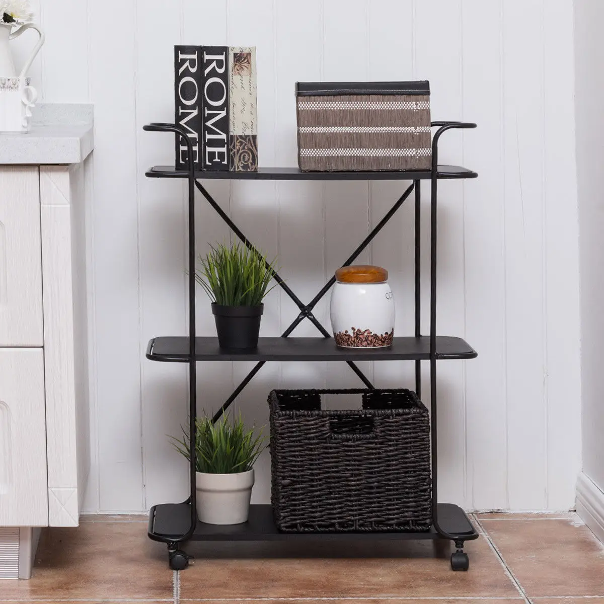Giantex 3 Tier Metal Portable Rolling Cart Storage Rack Living Room Bookshelf Display Utility Organizer HW56050BK Giantex 3 Tier Metal Portable Rolling Cart Storage Rack Living Room Bookshelf Display Utility Organizer HW56050BK