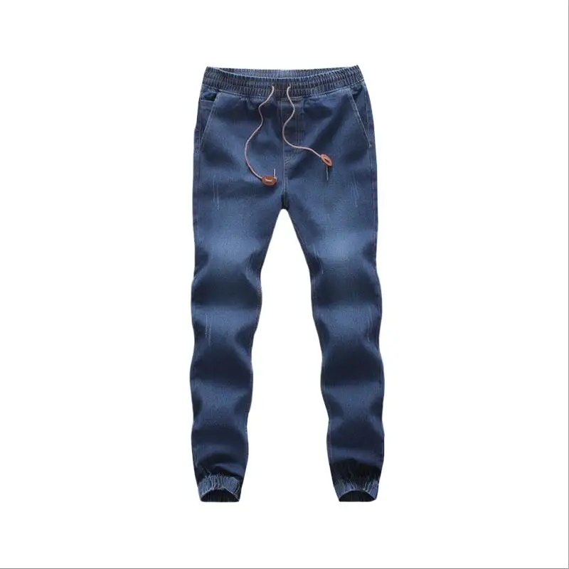 Модные повседневные однотонные синие джинсы джоггеры с эластичным поясом на шнурке мужские Промытые хип-хоп шаровары горячая распродажа - Цвет: Dark Blue