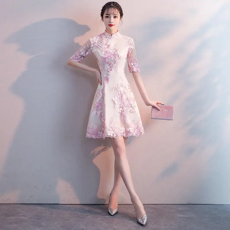 Pink Ladies Sexy Split Slim Cheongsam Elegant Embroidery Flower Qipao Vintage Handmade Button Chinese Dress XS S M L XL XXL - Цвет: Style 8