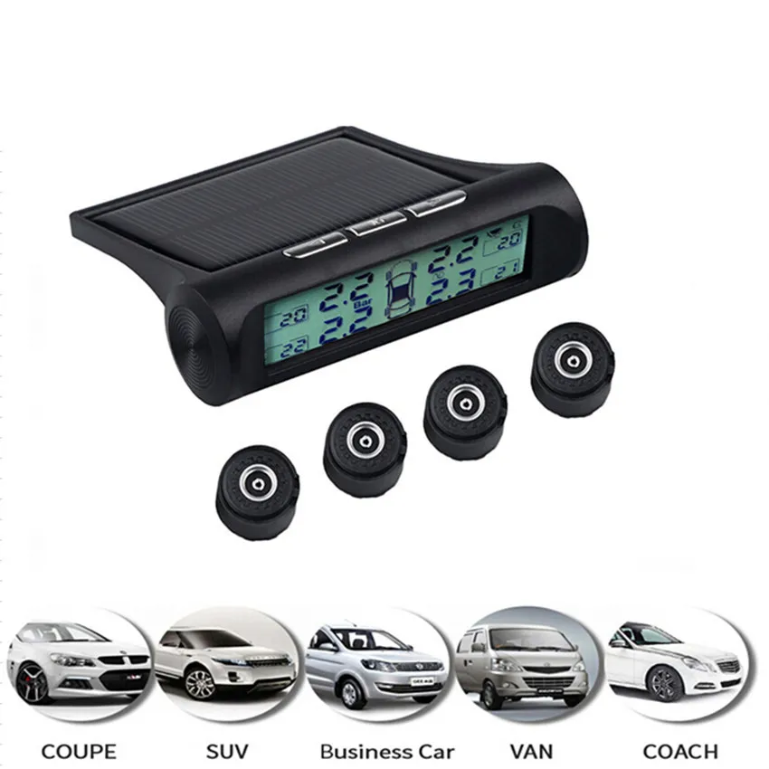 

Solar Power USB TPMS Car Tire Pressure Monitoring System digital Display 4 External Sensors air leak alarm Temperature Warning