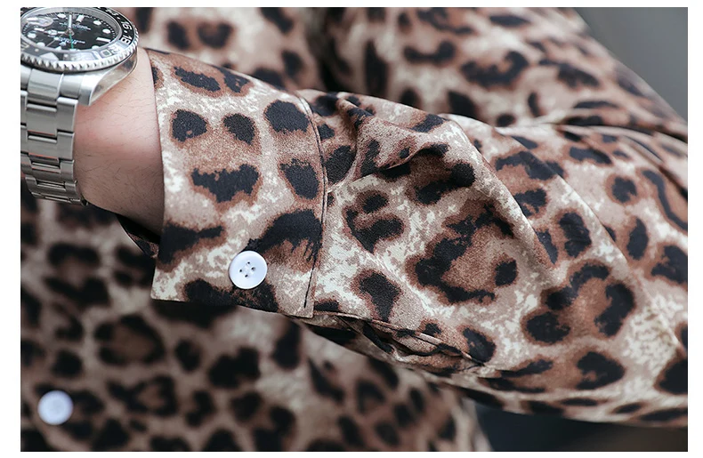 Новый дизайн Для мужчин рубашка с леопардовым принтом Повседневное рубашка с длинными рукавами Для мужчин качество Slim Fit певица смокинг