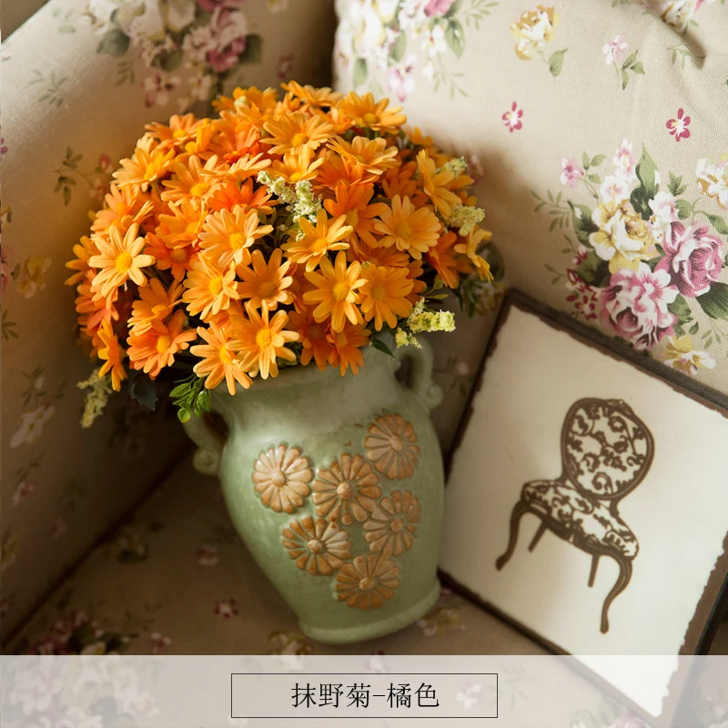 

1 Set Artificial Flowers Daisy Marguerites Bouquet Imitation Old Ceramic Vase Wedding Home Shop Decoration Fake Flower 5 Color