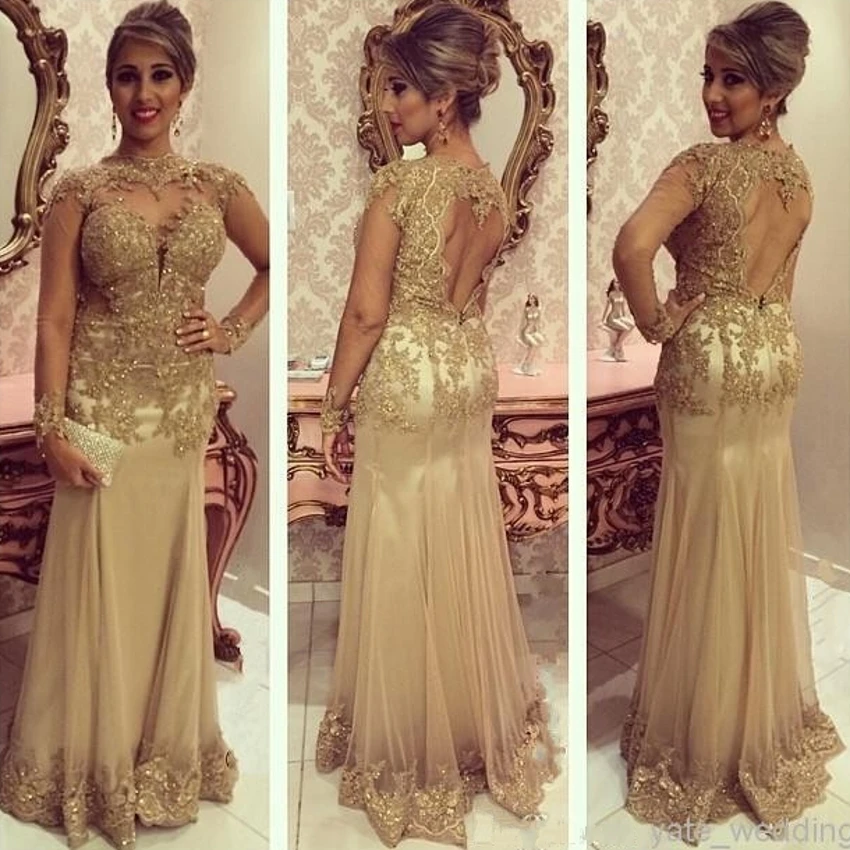 

Kaftan 2016 Gold Golden Mermaid Floor Length Lace High Neck Formal Evening Gowns abendkleider robe De soiree Dresses