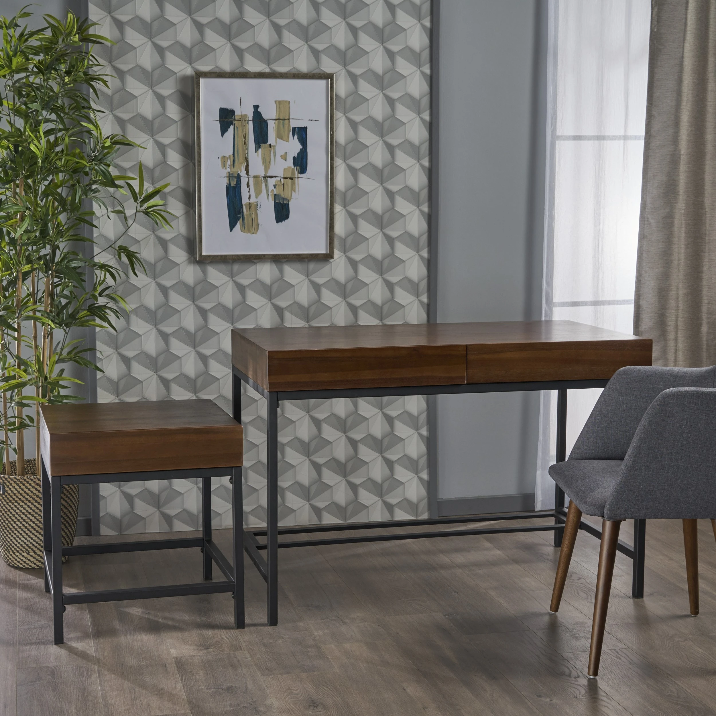 Elrod Industrial Dark Oak Acacia Wood Storage Side Table and Desk Set