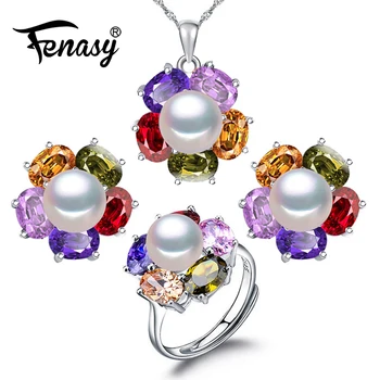 

FENASY Trendy 2019 New Ruby Fashion Retro Pearl Jewelry Sets For Women Wedding Jewelry Sets flower sets 925 sterling Silver
