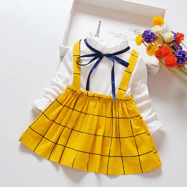 Весеннее платье для маленьких девочек, хлопковое детское платье в клетку с длинными рукавами, модная детская одежда