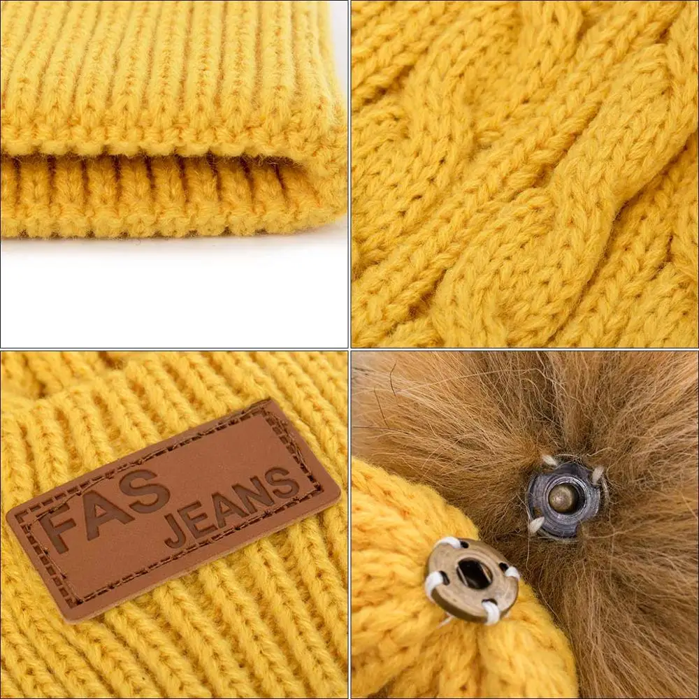 Evrfelan Winter Pompom Beanies Hat Women Knitted Skullies Hat Female Casual Women's Cap Solid Color Beanie Hat Adult Cap