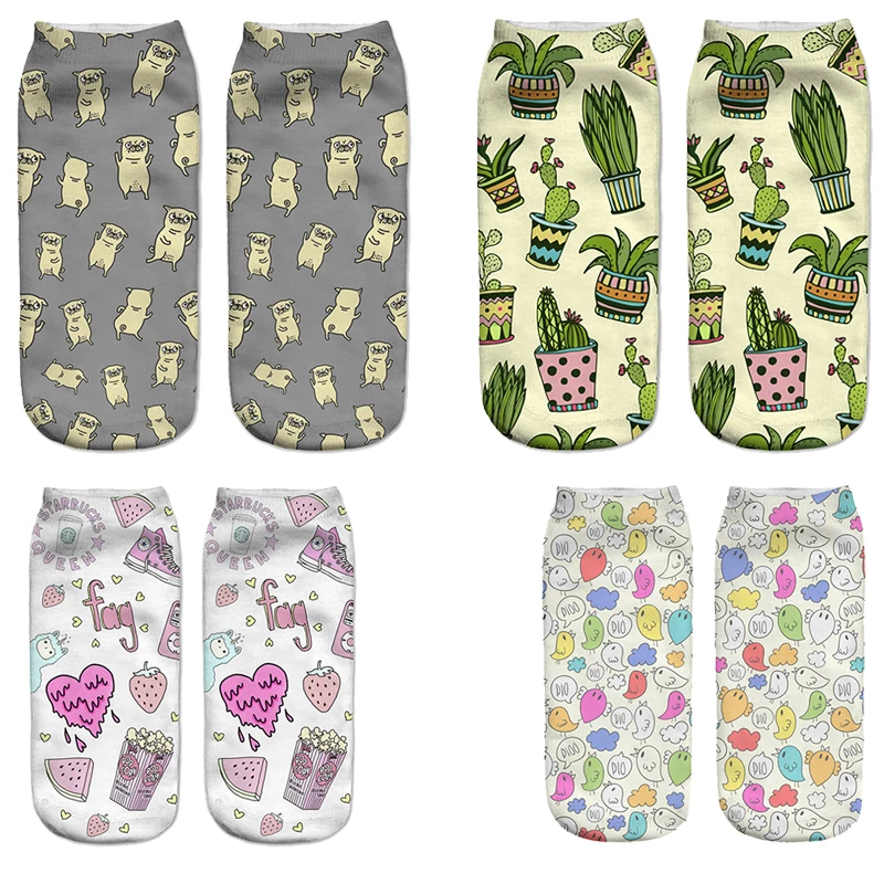 

3D Plantlife cactus Women Creative Printed Socks Female Pug Chicken Funny Socks Burger Multicolor Fruit Socks Girl Graffiti