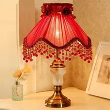 Vintage rojo boda mesa Luz princesa habitación dormitorio Led escritorio luz tela pantalla luces decoración lámparas de noche accesorios de luz