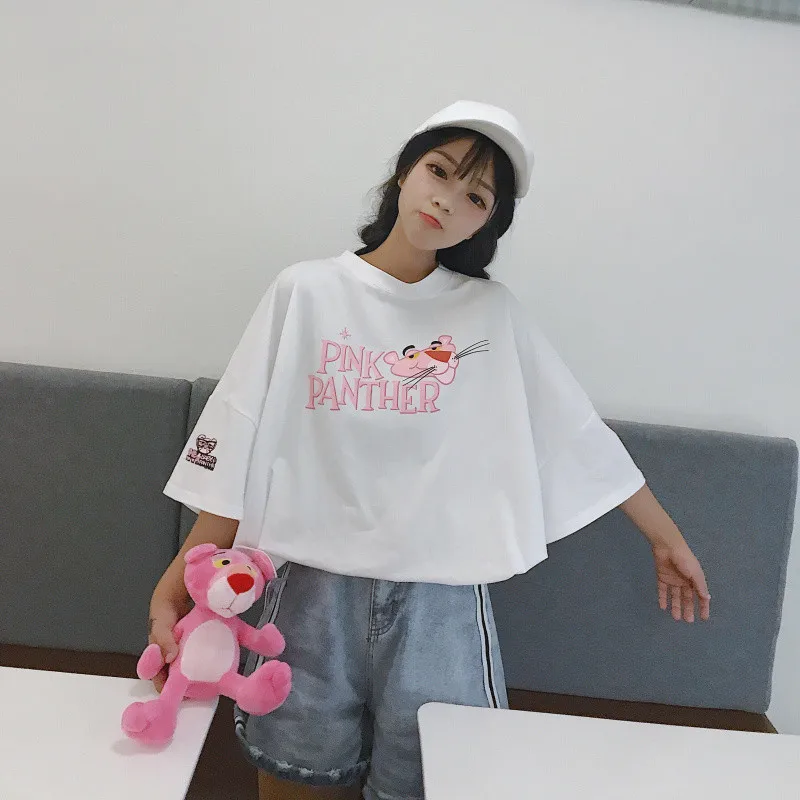 Летняя футболка женская розовая пантера с принтом Свободная Повседневная harajuku Ulzzang футболка с коротким рукавом Топы футболка размера плюс