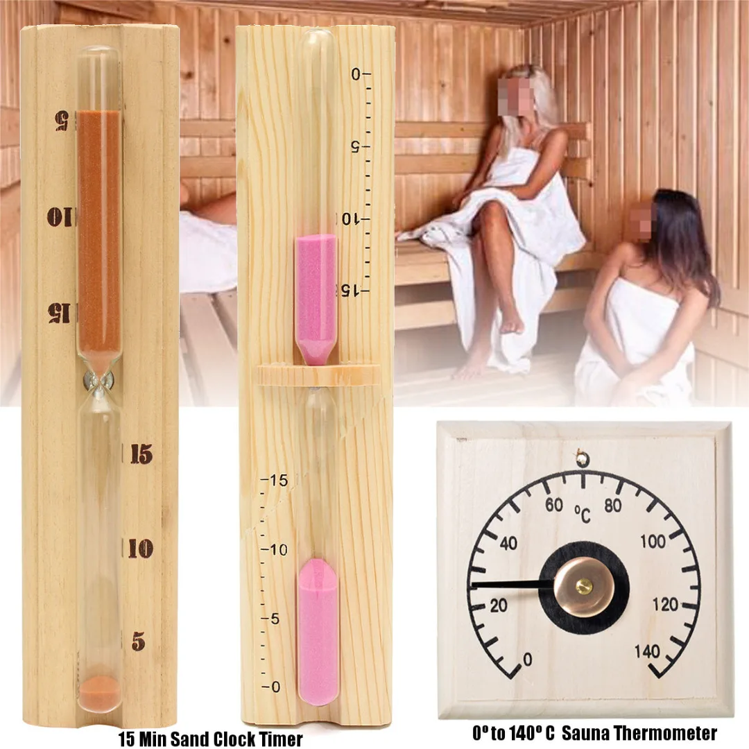 1 x Pine Wood 140º C Sauna Thermometer 15 Minutes Hourglass Sand Timer Clock Bath