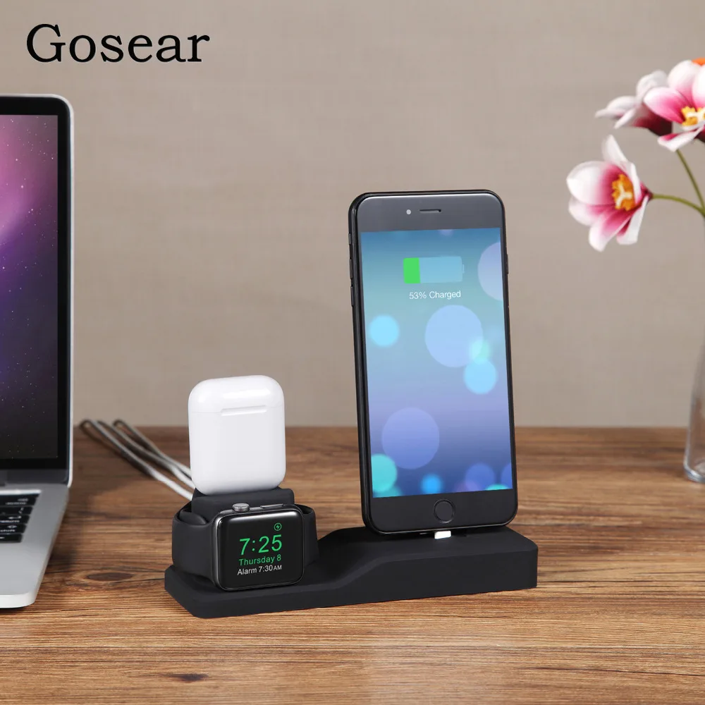 

Gosear 3 in 1 Soft Silicone Charging Stand Holder with Sticker for iPhone XS Max 8 Plus X 7 6 Apple Watch Series 1 2 3 Airpods