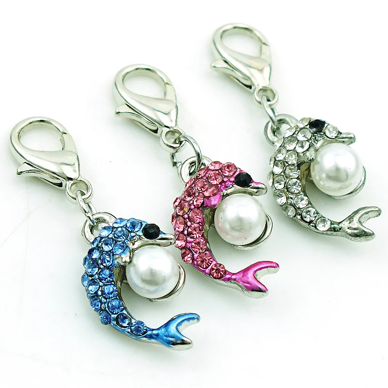 Jinglang Wholesale Lobster Clasp Charms Dangle Rhinestone Pearl Dolphin