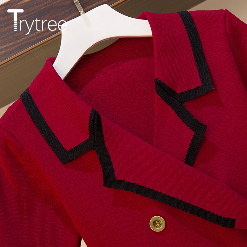 Trytree летнее платье Элегантное повседневное женское однотонное платье с зубчатым воротником двубортное трикотажное ТРАПЕЦИЕВИДНОЕ мини офисное женское платье
